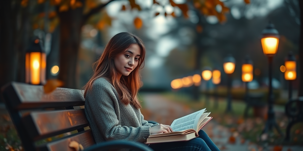 Softly focused image of a young woman sitting on a park bench at twilight, surrounded by soft golden light from nearby lanterns, with autumn leaves gently falling around her and a book open in her lap.