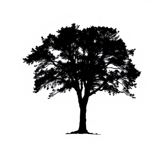 Create a high-resolution image of a minimalist black silhouette of a tree against a white background, using a DSLR camera with a 50mm lens, an aperture of f/2.8, a shutter speed of 1/100s, and ISO 100, captured from a slightly elevated angle to enhance depth.