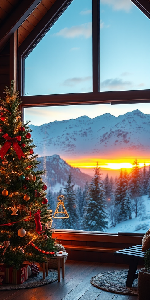 Generate an image of a cozy cabin interior during winter, featuring a beautifully decorated Christmas tree with ornaments and lights. The scene includes large windows showcasing a stunning snowy mountain landscape at sunset, with warm light illuminating the cabin's wooden features.