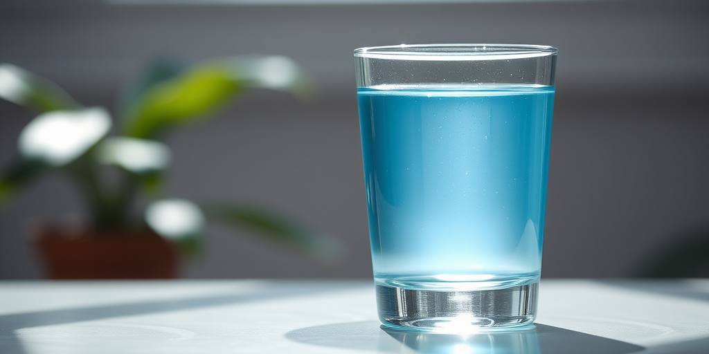 Create a high-resolution image of a clear glass filled with a light blue liquid, shot with a DSLR camera at f/2.8 aperture, ISO 100, 50mm lens, bright natural lighting, focusing sharply on the glass with a soft blurred background.