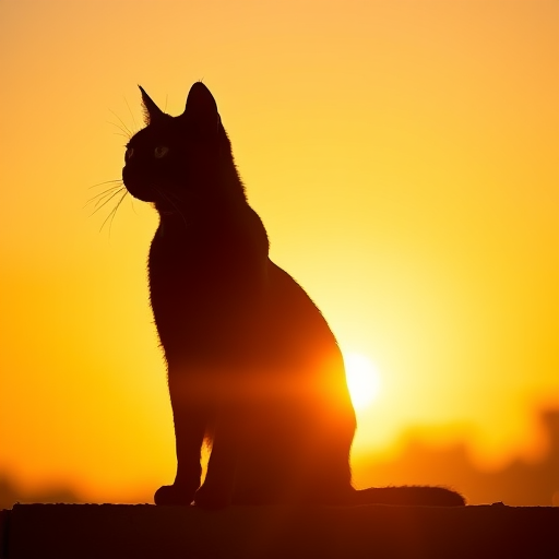 Create a high-resolution image of a silhouette of a cat sitting gracefully with a sunset in the background, using a Canon EOS R5 with a 50mm lens, aperture f/1.8, ISO 100, shutter speed 1/200 sec, shot in natural light from a low angle for dramatic effect.