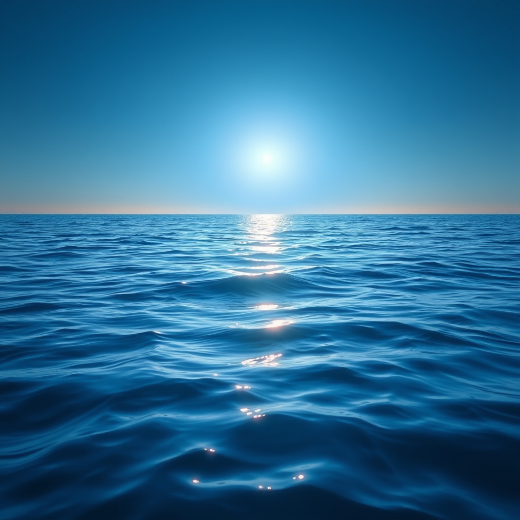 Create a serene ocean scene with a bright blue light on the horizon, soft rippling water reflecting the light, captured with a Canon EOS 5D Mark IV, 24mm lens, f/8 aperture, 1/125 sec shutter speed, ISO 100, in a wide-angle view to enhance depth and clarity.