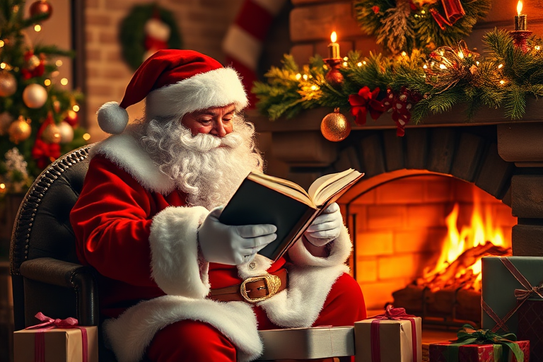 A cozy interior scene featuring Santa Claus reading a book by a fireplace, surrounded by Christmas decorations and presents, with warm lighting, f/2.8 aperture, 50mm lens, ISO 100, soft focus background, high-resolution digital camera.