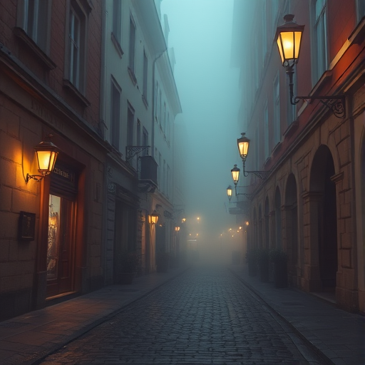 Generate a high-resolution image of a foggy cobblestone alley illuminated by vintage street lamps in an old-world city, using a DSLR camera, 50mm lens, f/1.8 aperture, ISO 200, low angle view, and a soft focus style for a dreamy atmosphere.