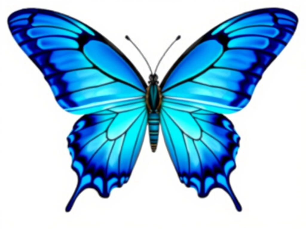 Generate an image of a vibrant blue butterfly with intricate wing patterns and a glossy appearance. The butterfly should be depicted from a frontal view, showcasing its symmetry and vivid colors against a simple background.