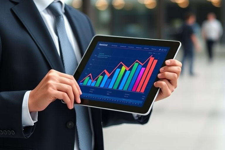 Generate an image of a businessman in a suit holding a tablet displaying a vibrant analytics chart with upward trends, shot with a DSLR camera at f/2.8, ISO 100, with a 50mm lens, using a shallow depth of field for a blurred background to enhance focus on the subject.