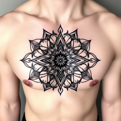 Striking geometric blackwork tattoo named "Sacred Symmetry" featuring precise lines and shapes forming a complex mandala-inspired design, representing balance and harmony as a chest piece
