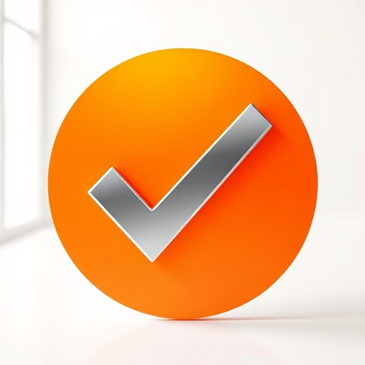 Create a colorful graphic of a large orange circle with a shiny silver check mark in the center, using a high-resolution setting of 300 DPI, captured with a Canon EOS R5 at f/2.8, 50mm lens, with soft focus background for enhanced depth, in a bright and well-lit studio setting.