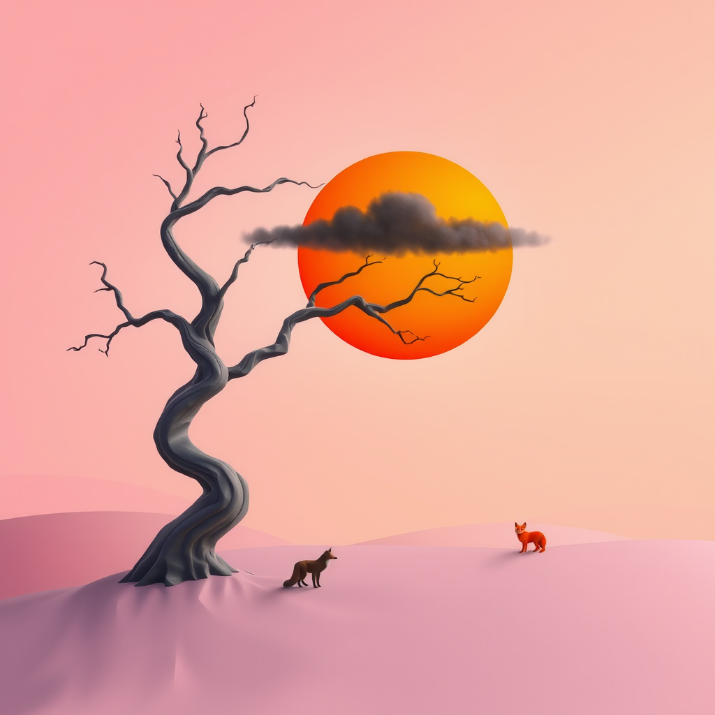 3D Geo-abstract landscape pastel muted colours. abstract tree with twisted contorted trunk. round vivid orange opaque sun in sky with single dark cloud. tiny fox. Topaz Look filter applied plus Topaz edge. Generative fill with some objects in PS.
