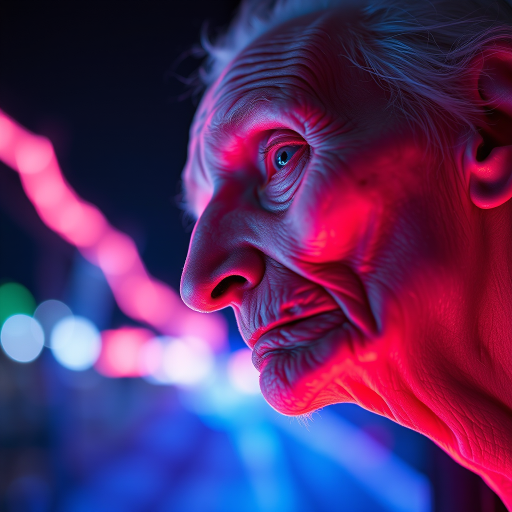 create a close-up perspective view fine art photography contemporary style of an elderly worn albino’s face with a soft, candid expression on a blurred sky black light background.Showcasing a modern style characterized by vibrant blacklight tones, using dramatic lighting and soft gradients to create a fine art atmosphere. The focus is on the light and facial features. motion light blur, neon backlit