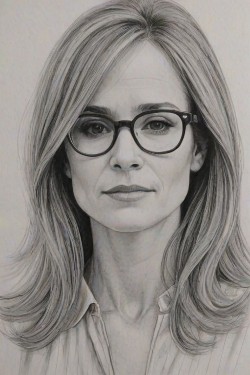 Ravishing Holly Hunter, pencil sketch, portrait of Alluring woman 1967s in glasses, hair style beatnik, outline, clear lines, fine lines, 8k