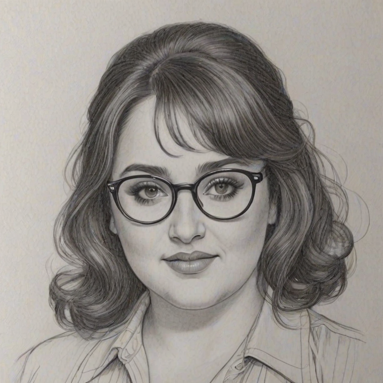 Beauteous Nikki Blonsky, pencil sketch, portrait of Fascinating woman 1972s in glasses, hair style beatnik, outline, clear lines, fine lines, 8k