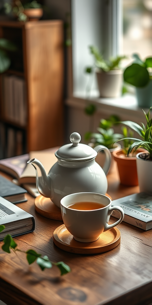 Create a cozy still life image featuring a teapot and cup on a wooden table surrounded by books and plants, shot with a Canon EOS R5, 50mm lens, f/1.8 aperture, ISO 400, and natural light from a window for a soft, warm ambiance.