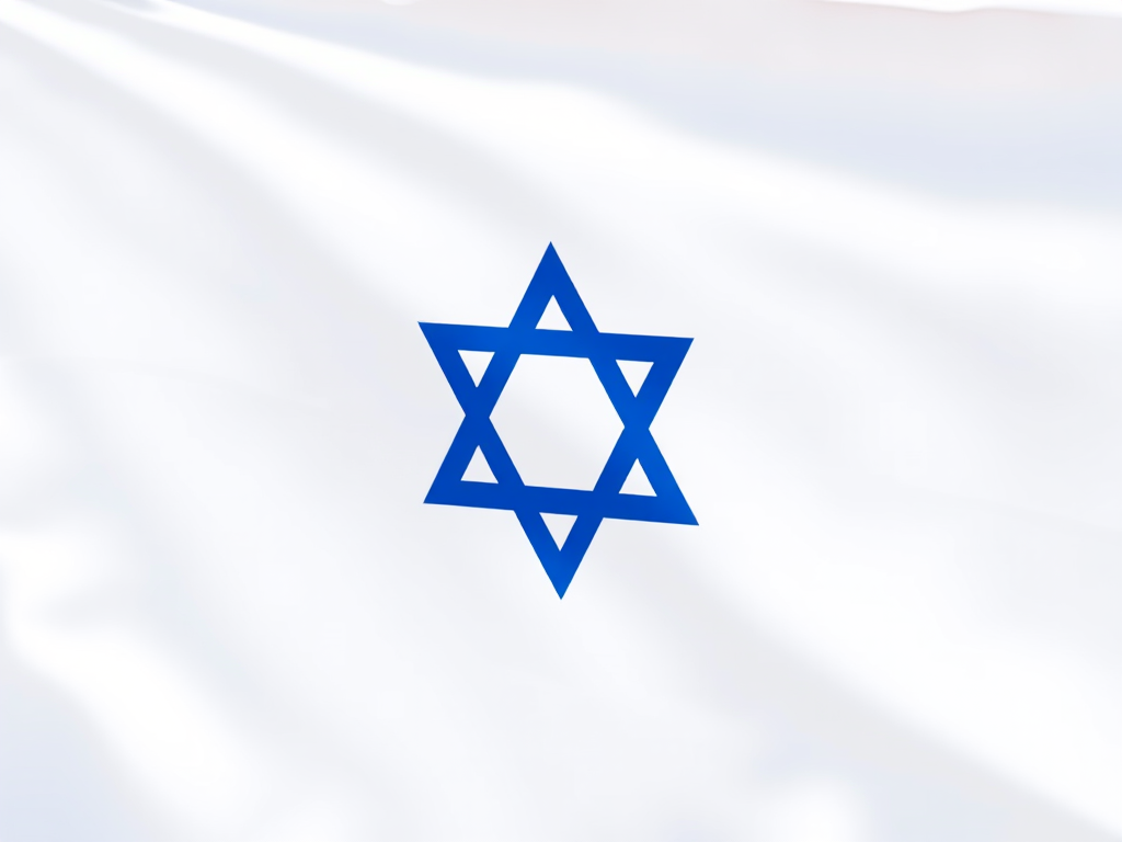 Create an image of the Israeli flag, featuring a blue Star of David in the center surrounded by two horizontal blue stripes on a white background, shot with a DSLR camera at f/8 aperture, ISO 100, and a 50mm lens for sharpness and clarity under natural light.
