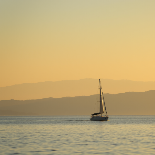 Softly focused image of a lone sailboat drifting across a calm lake at sunset, soft light from the golden sky reflecting on the water, with distant mountains silhouetted against the horizon.