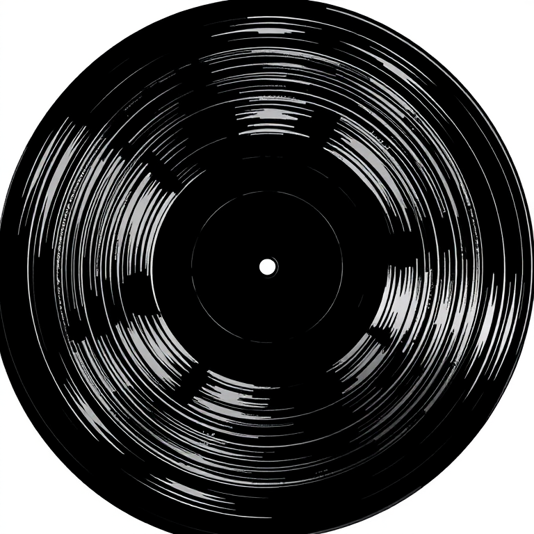 Create a high-contrast black and white illustration of a vinyl record with a spindle, using a DSLR camera with a 50mm lens, aperture set to f/1.8, ISO 100, with a top-down view and soft lighting to enhance texture details.