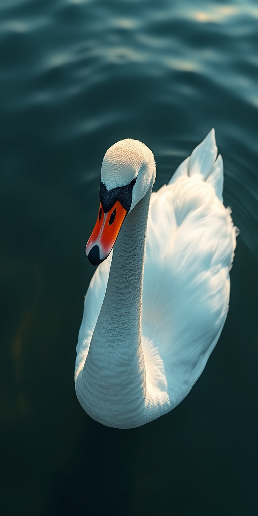 Create a detailed illustration of a majestic white swan swimming in calm water, captured with a DSLR camera at f/4 aperture, ISO 100, 50mm lens, overhead view, vibrant colors, high definition.