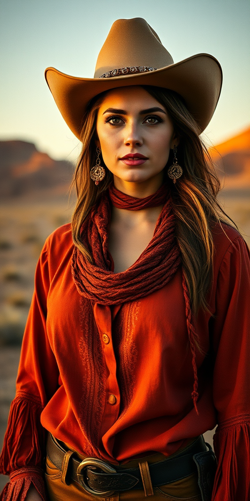 Dramatic photo of a beautiful Circassian woman, classic cowboy attire, confident and free spirit expression, half-length portrait, centered, golden hour desert landscape, warm, diffused light, low angle, medium format film camera, in style of Annie Leibovitz.
