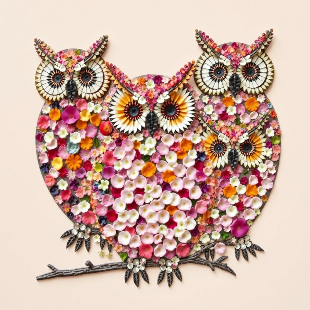 A mosaic of floral owls, each owl intricately composed of individual flower blossoms. The design showcases a delicate balance of nature and form, where the feathers of the owls are replaced by vibrant petals and blooms. The overall appearance is whimsical yet detailed, with each floral element contributing to the intricate patterns of the owl’s body. The artwork embraces a raw, organic style, with natural hues and soft textures, creating a harmonious blend of flora and fauna. The mosaic arrangement adds depth and visual intrigue to the piece, evoking a sense of wonder and artistic beauty.
