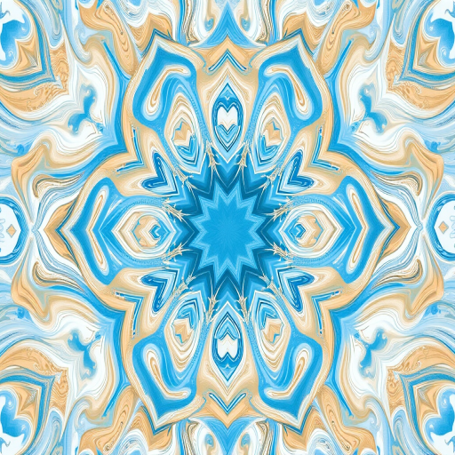 Create a high-resolution digital art piece featuring a symmetrical design with swirling patterns in soft blue, tan, and white, utilizing a Canon EOS R5 with a 50mm f/1.8 lens at f/2.8, ISO 100, capturing a flat lay view, ensuring vibrant colors and crisp details.