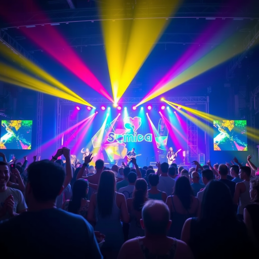 Vibrant music festival, with people dancing, colorful lights illuminating the stage, and musicians performing, capturing the energy and excitement of the event.