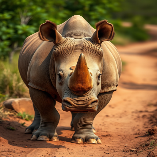 Capture a close-up of a rhinoceros standing on a dirt path in a natural environment, use a Canon EOS 5D Mark IV, 50mm lens, aperture f/4, ISO 200, 1/250s, natural lighting with soft shadows.