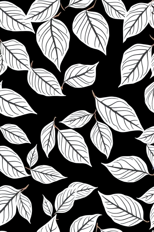 Generate a high-resolution seamless pattern of intricate white outline leaves on a solid black background, with soft lighting to enhance detail, shot with a DSLR camera in macro mode at f/2.8, ISO 100, and a 50mm lens for sharp texture and clarity.