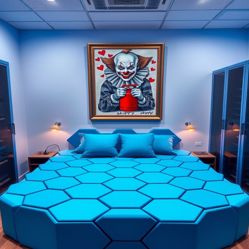 This is a photograph of a computer server room with a unique, blue hexagon-shaped civitaiLogo bed as the central focus, with blue hexagon pillows. There is a picture frame above the bed with a realistic portrait of a scary looking clown holding a red gas can. The portrait is surrounded by hearts, and there is a handwritten signature "skippy".