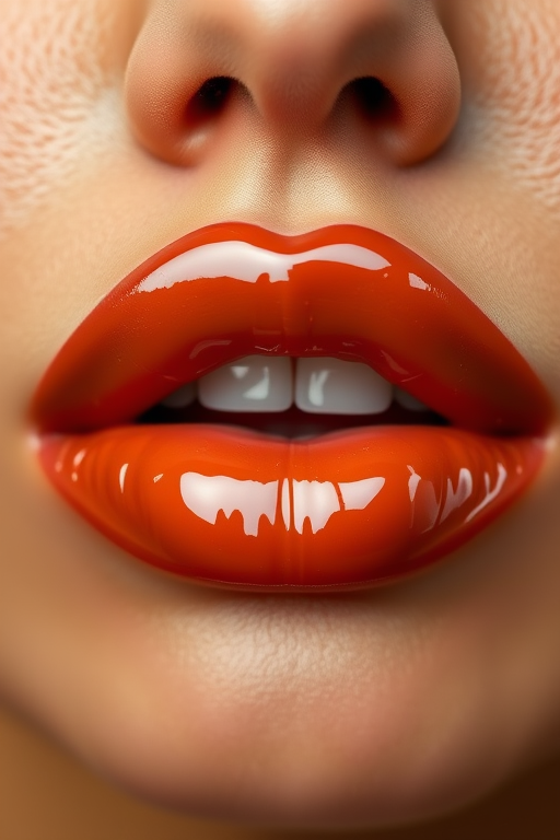 Glossy caramel lips with a high-shine finish, warm and inviting, evoking thoughts of sweet indulgence and sensuality
