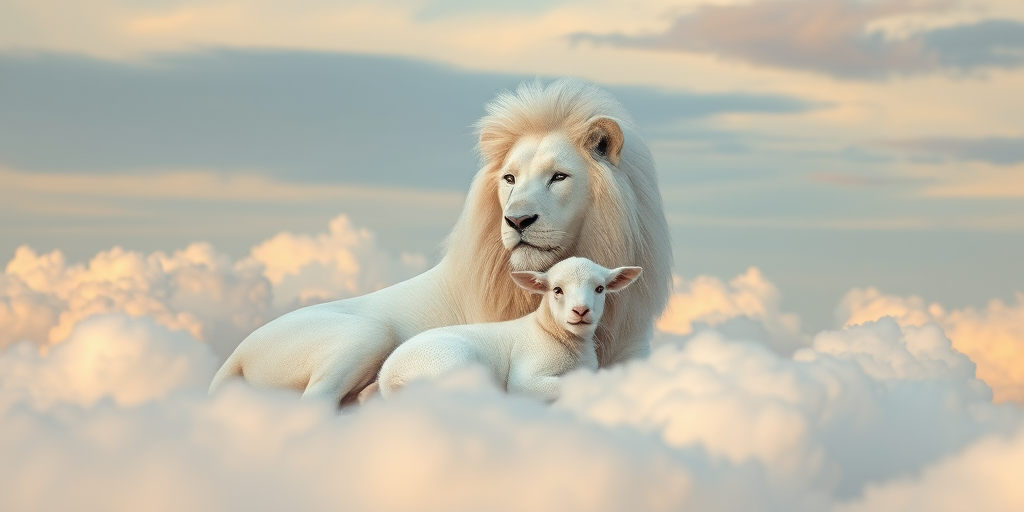 Create a serene image of a majestic white lion and a fluffy white lamb nestled together on soft clouds in a dreamy sky, shot with a Canon EOS R5 at f/2.8, ISO 100, 50mm lens, in portrait orientation, using a soft focus effect to enhance the ethereal quality.