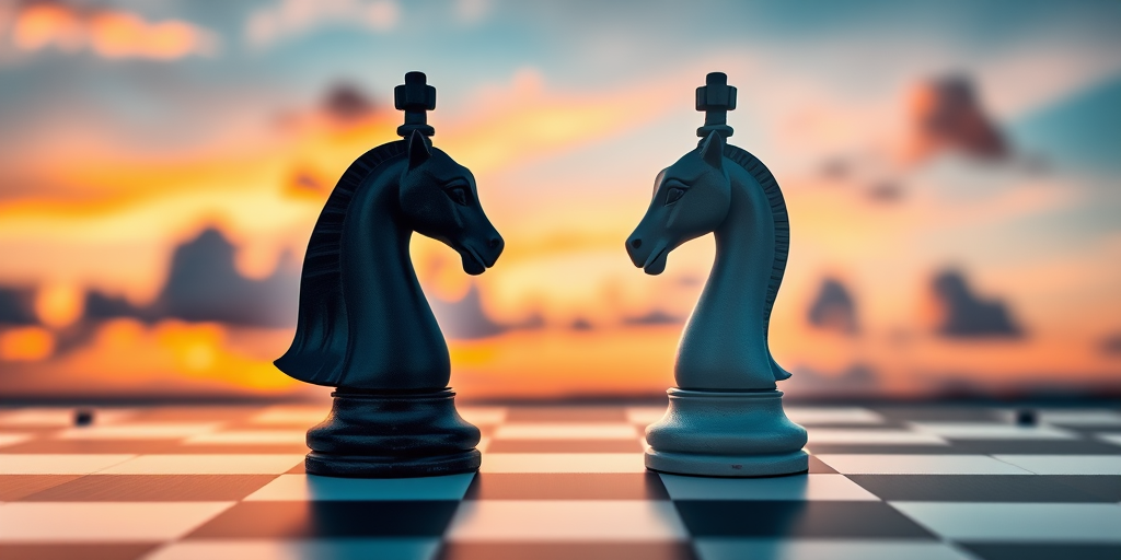 Create a high-resolution image of two chess pieces in the style of digital art, focusing on a black knight and a white knight facing each other on a chessboard, set against a vibrant sunset sky with clouds, using a DSLR camera, 50mm lens, f/1.8 aperture, ISO 100, and 1/200s shutter speed for enhanced depth of field and clarity.