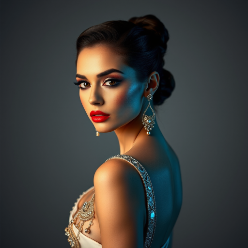 Studio portrait, female model, elegant couture dress, bold makeup, dramatic lighting, Shoot over the shoulder using a telephoto lens to focus on small details like jewelry, makeup, or fabric textures
