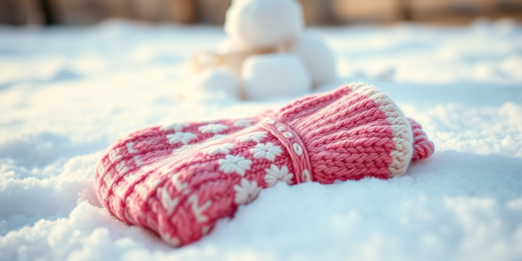 A close-up of a pair of pink and cream knitted mittens lying in the snow with a small pyramid of snowballs in the background, captured with a shallow depth of field, aperture f/2.8, ISO 200, shutter speed 1/250s, 50mm lens, in natural light for a soft and dreamy effect.
