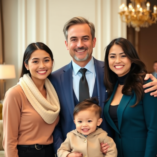 Create a heartwarming family portrait featuring two young women with long dark hair and a middle-aged man in a stylish blue suit all smiling together in an elegant indoor setting.