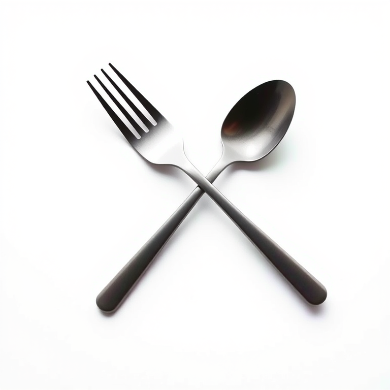 Create a high-resolution image of a minimalist logo featuring a knife, fork, and spoon arranged artistically, taken with a DSLR camera at f/2.8 aperture, ISO 100, 50mm lens, using a soft focus background to enhance the utensils' silhouette and maintain a clean white backdrop.