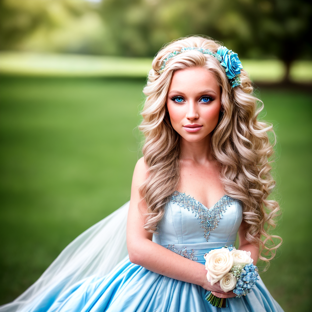 Realistic photography of a blonde bride with very long curly hair and blue eyes,