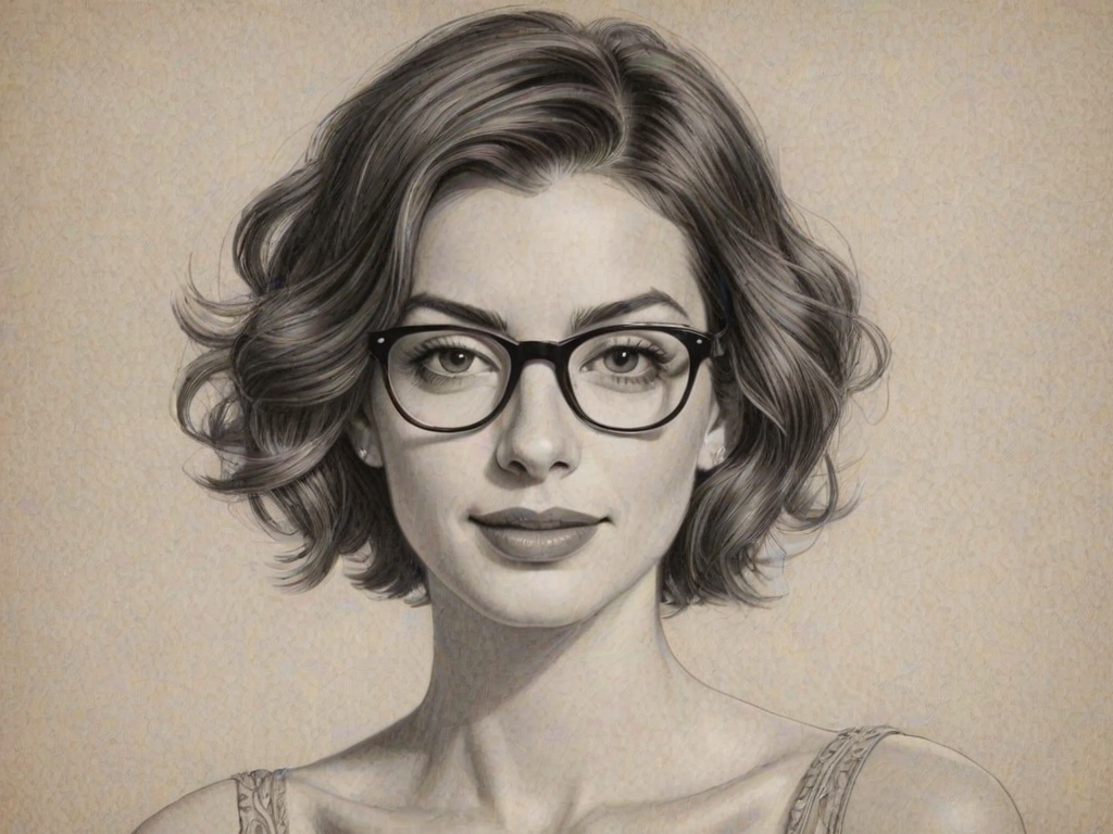 Dazzling Anne Hathaway, pencil sketch, portrait of Lovely woman 1923s in glasses, hair style beatnik, outline, clear lines, fine lines, 8k