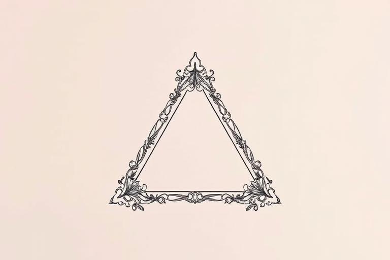 Create a detailed image of a triangle with ornate floral patterns along the edges set against a soft gradient background, using a DSLR camera with an aperture of f/2.8, ISO 100, and a focal length of 50mm, with a soft focus style that enhances the intricacy of the designs.