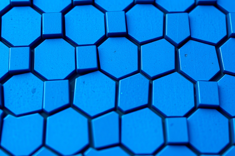 high-resolution close-up of a textured blue hexagonal pattern, DSLR, f/4 aperture, 50mm lens, ISO 100, natural lighting, sharp focus