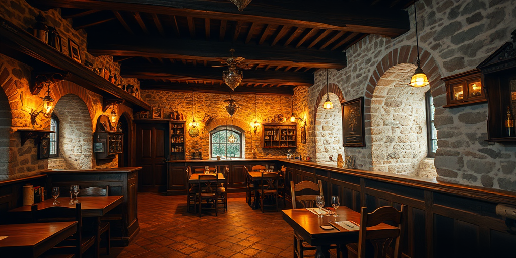 medieval tavern interior, warm lighting, rustic wooden furniture, stone walls, detailed textures, vibrant color palette, wide-angle lens, f/2.8 aperture, ISO 100, 24mm focal length, soft focus, natural lighting, DSLR camera