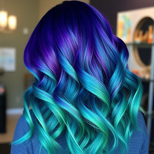 Vibrant peacock-inspired ombré flowing from deep teal to rich purple and ending in emerald green tips, styled in loose waves dubbed "Exotic Plumage" celebrating nature's beauty