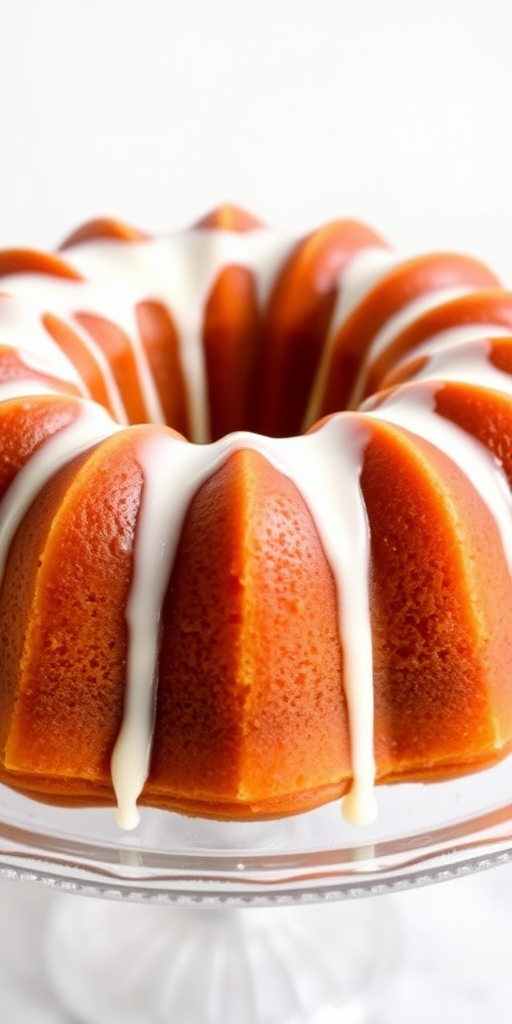 A beautifully glazed bundt cake with a golden brown exterior and white icing drizzled over the top displayed on an elegant cake stand against a simple light background.