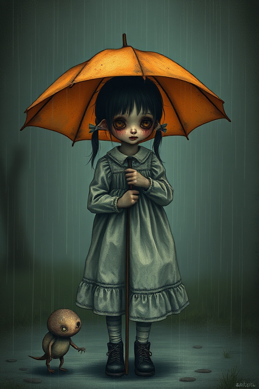 An eerie, weird little girl with dark hair in thin pigtails, wearing a smock dress, standing in the rain, holding a dirty orange umbrella, a small, odd creature beside her. In a surreal style inspired by Nicoletta Ceccoli and Brian Froud. Dark fantasy themes
