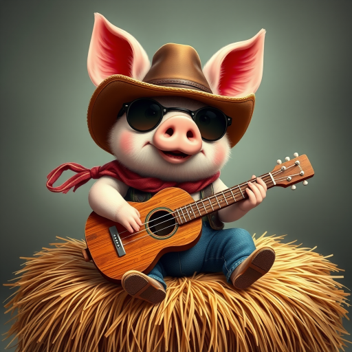 A chibi pig, dressed as a cowboy, playing guitar, sitting on a hay bale