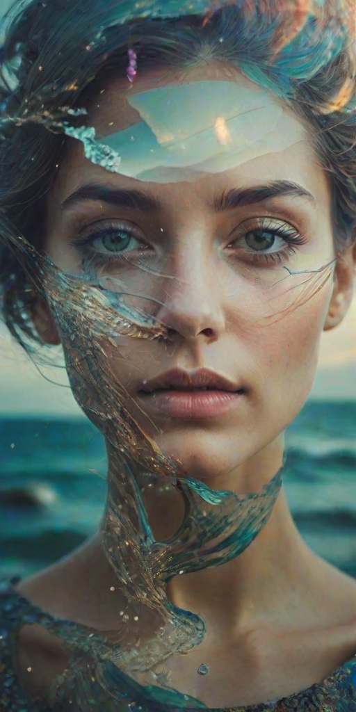 this picture is Book cover, A surreal double exposure portrait that blends a woman's face with a beautiful seascape. The overall mood is dreamy and mystical, with rich colors and intricate details