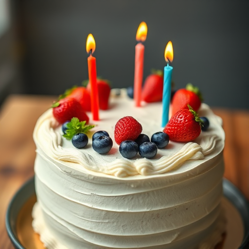 Create a high-resolution image of a decorated birthday cake with red and blue candles, topped with fresh strawberries, raspberries, and blueberries; use a shallow depth of field, soft natural light, with a 50mm lens at f/1.8, ISO 100, and a slight overhead angle for a vibrant and appealing composition.