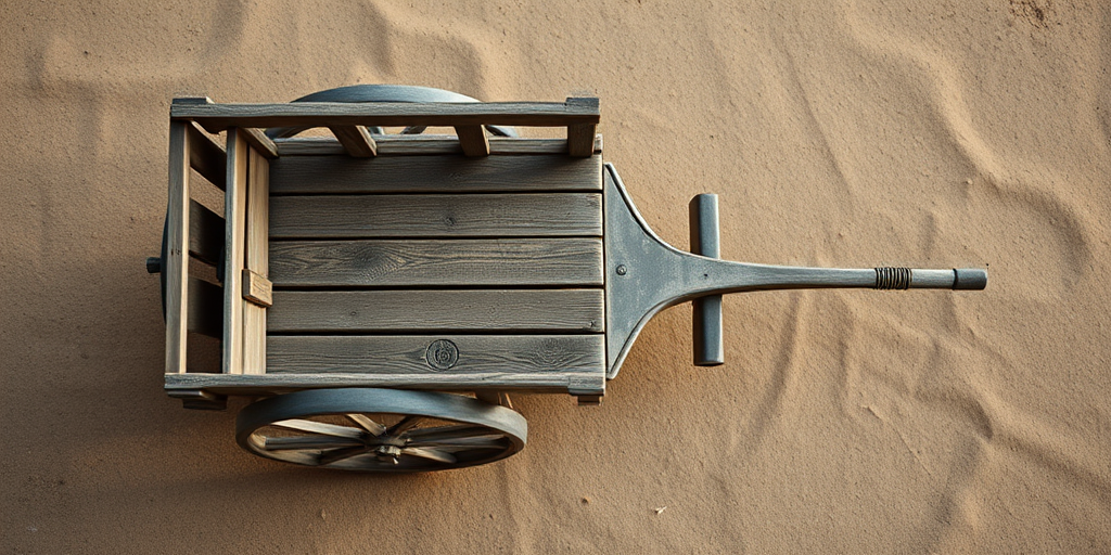 regenerate an image of an old wooden cart on a plain background, shallow depth of field, 50mm lens, f/2.8 aperture, ISO 100, natural light, DSLR camera, top-down view
