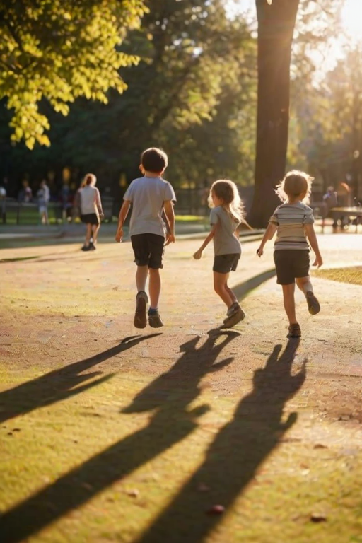 Blurry candid shot of a group of children playing in a sunlit park, with soft golden light casting long shadows on the playground and trees softly swaying in the background.