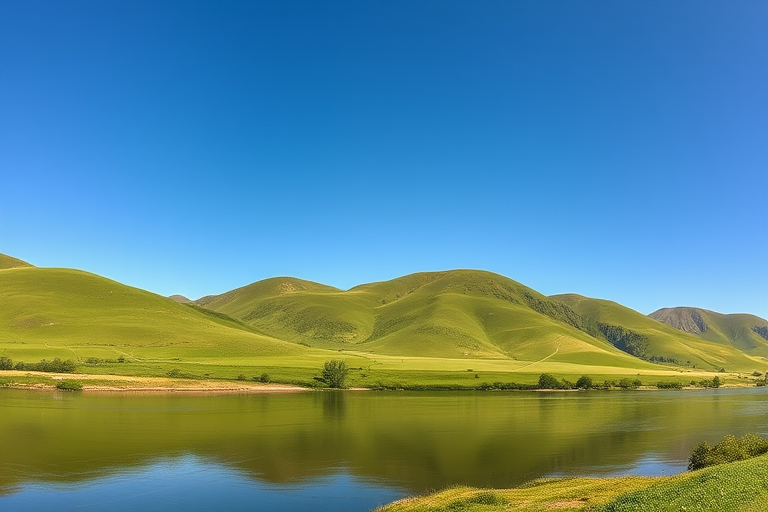 Create a high-resolution image of a serene landscape with a clear blue sky, lush green hills, and a calm river reflecting the scenery, shot with a Canon EOS R5 at f/8, ISO 100, 1/125 sec, in a wide-angle view with vibrant colors and high dynamic range.