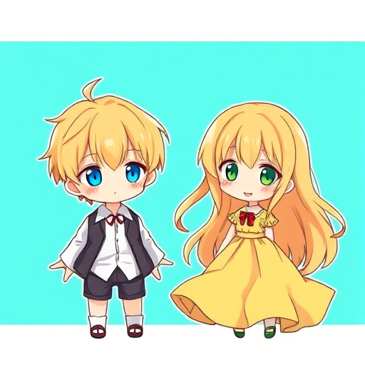 Create a vibrant illustration of two chibi characters, one with short blonde hair in a white shirt and grey vest, and the other with long blonde hair in a flowing yellow dress, set against a turquoise background, using a soft focus lens with f/2.8 aperture, 50mm focal length, and a digital SLR camera type to enhance image quality.